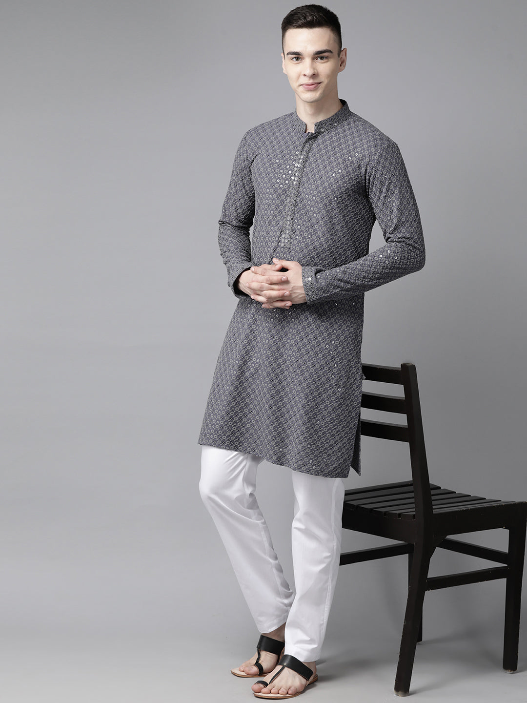 Men Grey Floral Embroidered Sequin Rayon Kurta