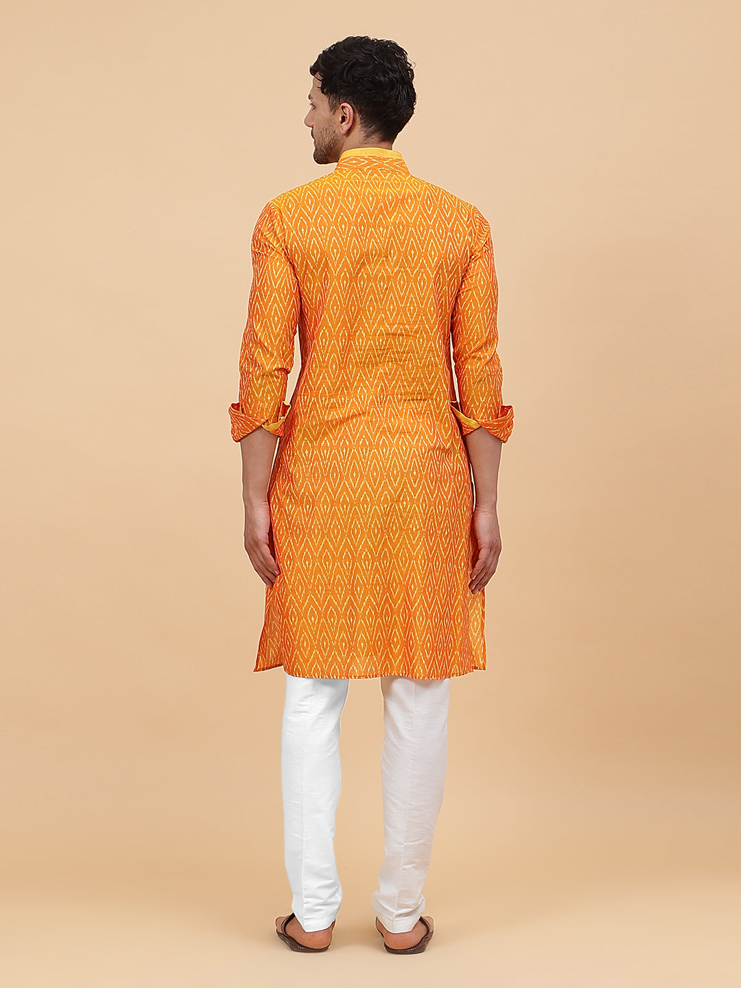 Men Orange And White Printed Kurta
