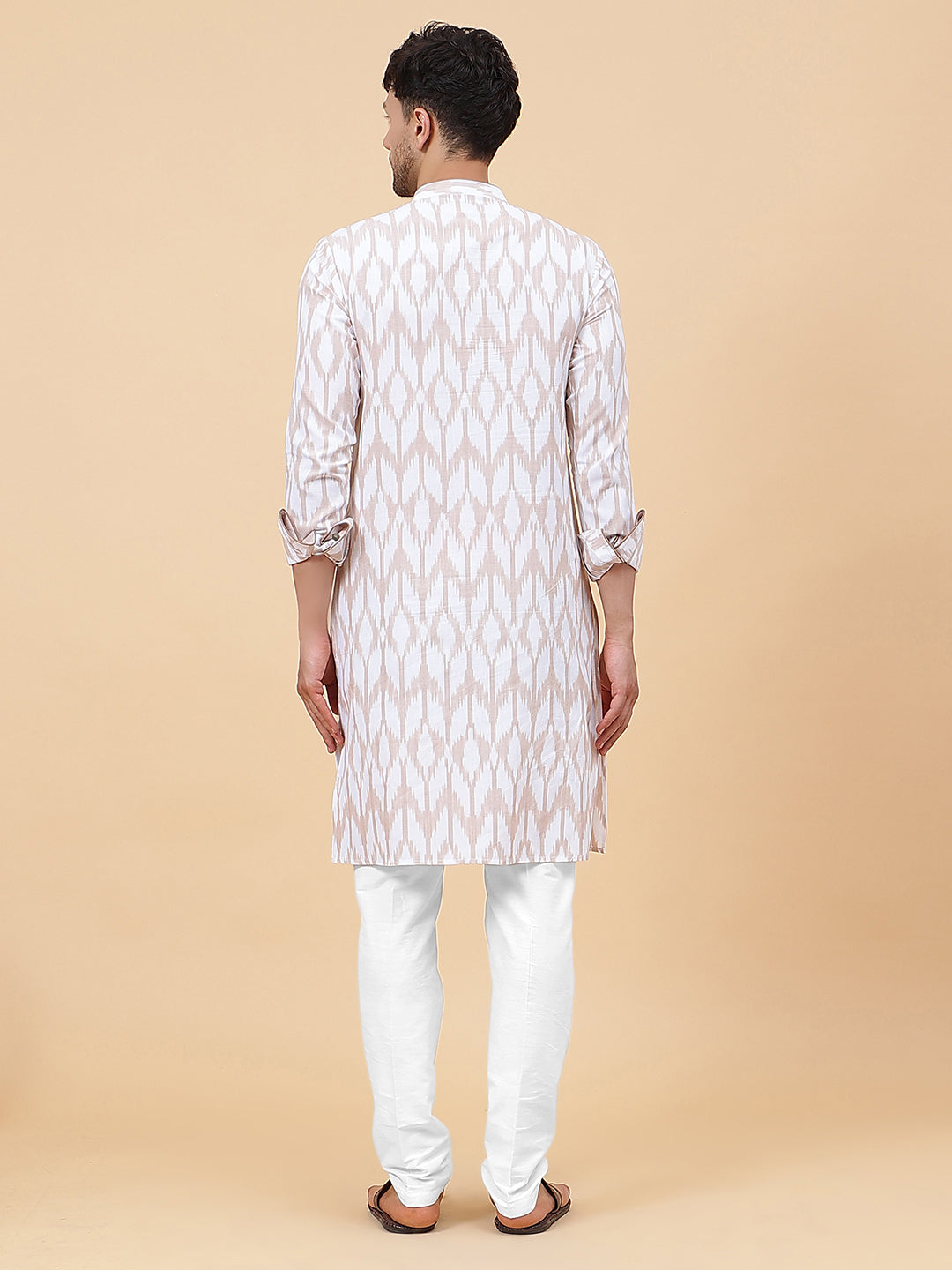 Men White And Coffee Ikat Printed Kurta