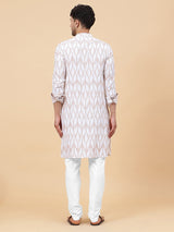 Men White And Coffee Ikat Printed Kurta