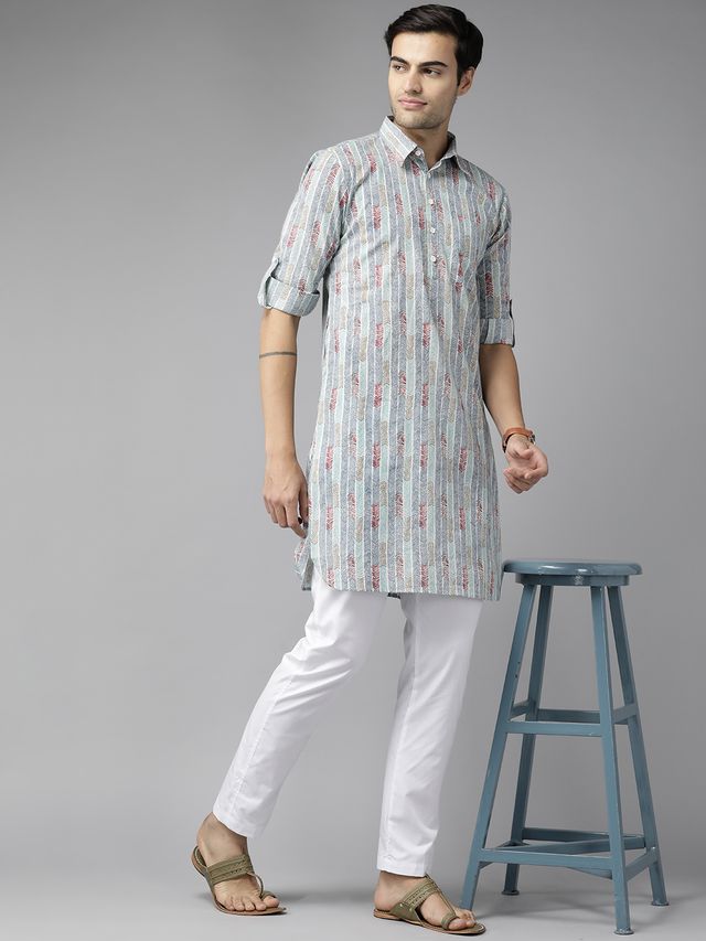 Men Multicolored Regular Pure Cotton Pathani Printed Men's Kurta With White Salwar