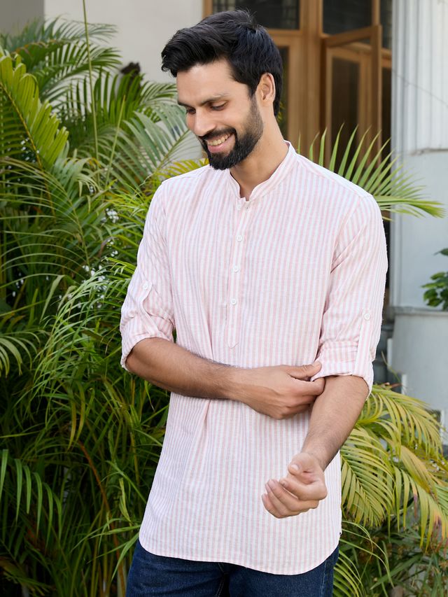 Peach Woven Striped Cotton Short Kurta