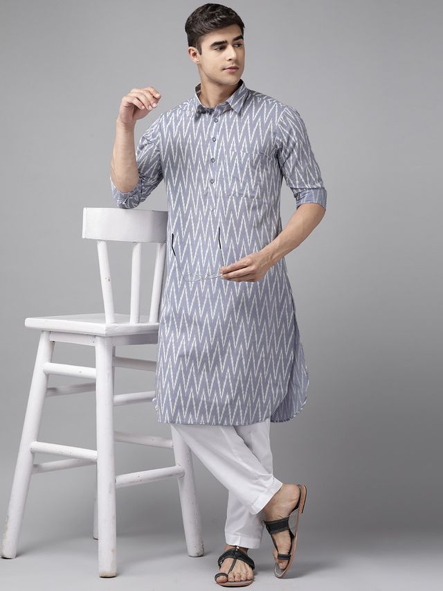 Men Light Grey Regular Pure Cotton Pathani Printed Men's Kurta With White Salwar