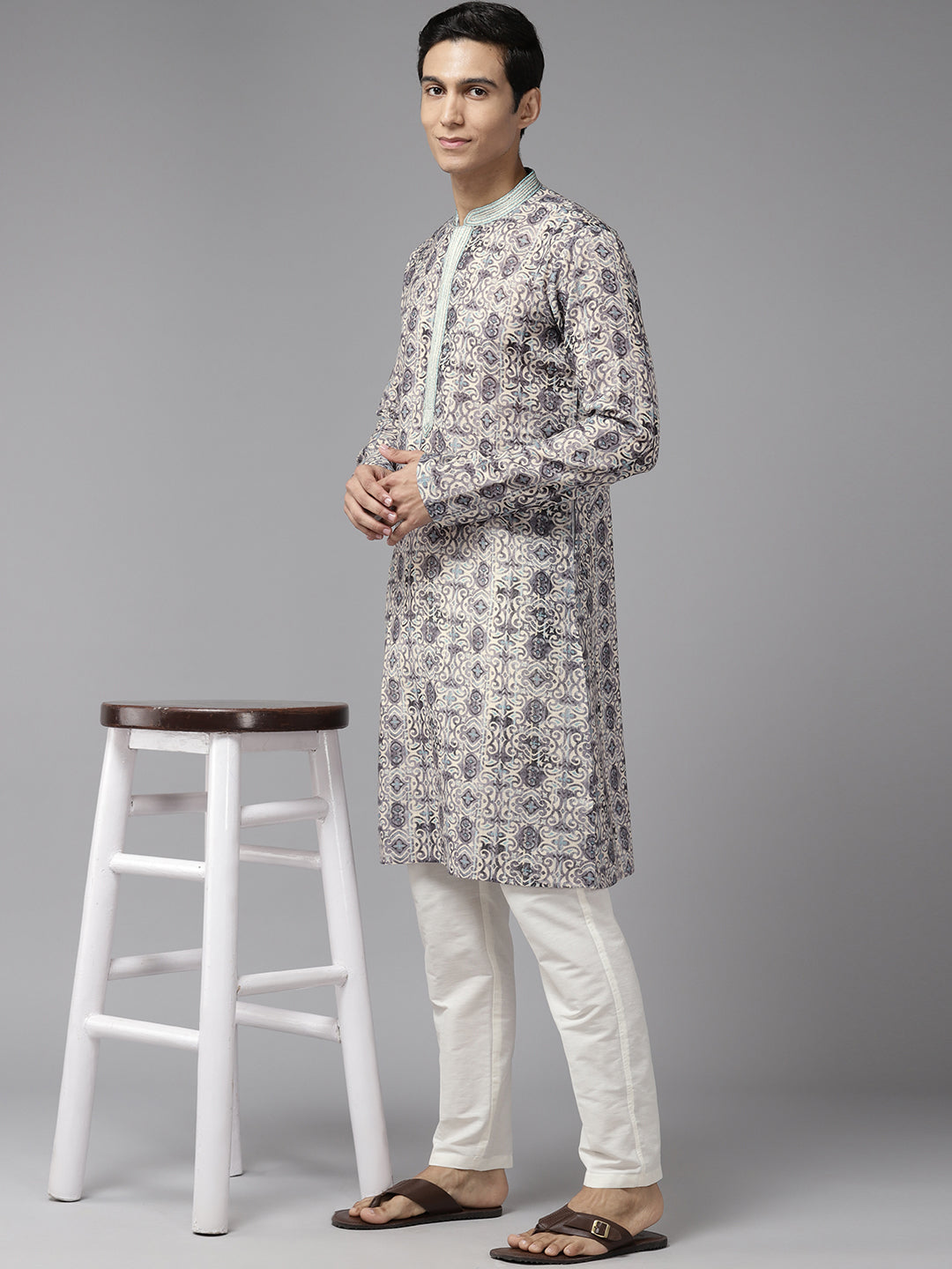 Men Multi Pure Cotton Embroidered Straight Kurta