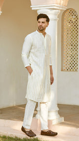 Men Off White And Golden Glimmer Chanderi Silk Sequins Kurta