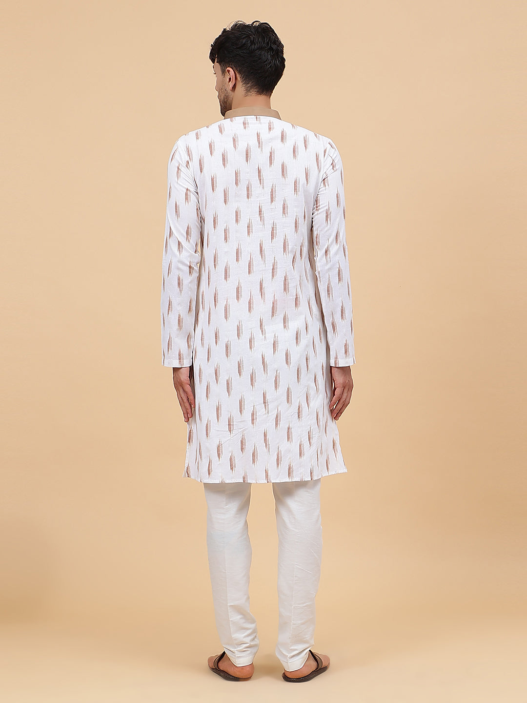 Men White And Brown Printed Kurta