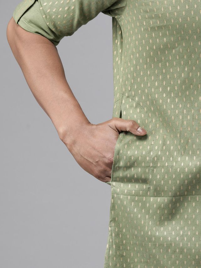 Men Olive Regular Pure Cotton Pathani Printed Men's Kurta With White Salwar
