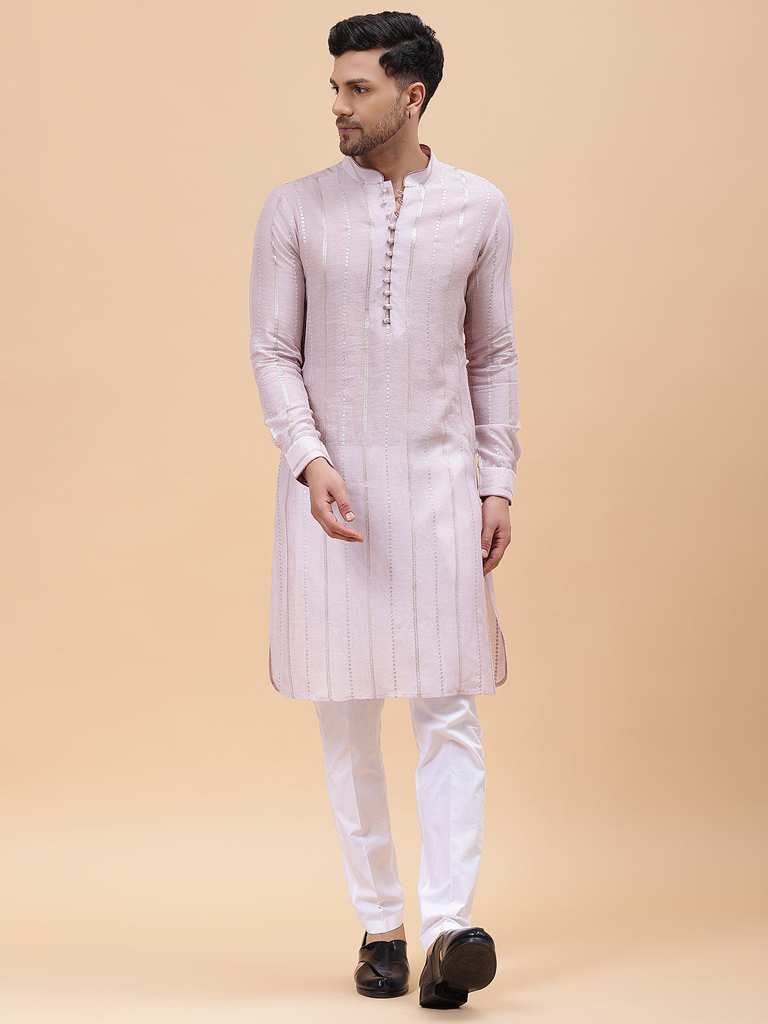 Men Pink Zari Wark Silk Woven Design Straight Kurta