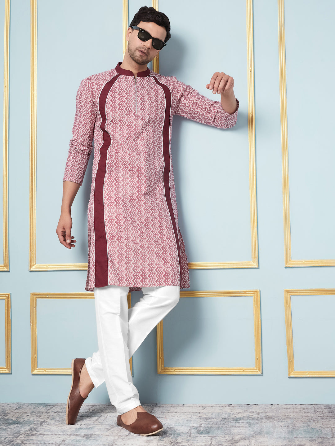 Men Pink And Maroon Printed Kurta
