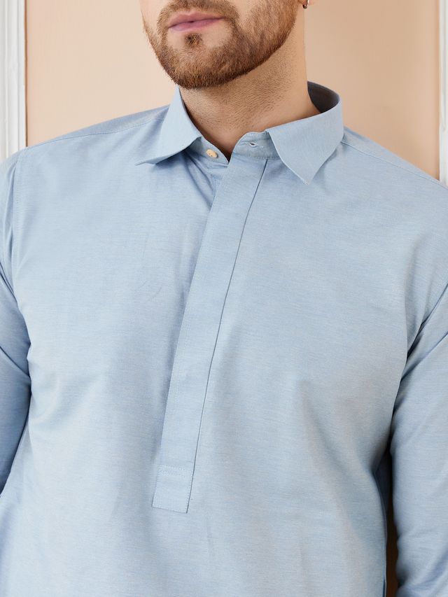 Men Blue Cotton Solid Pathani Kurta
