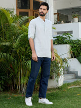 Green Woven Striped Cotton Short Kurta