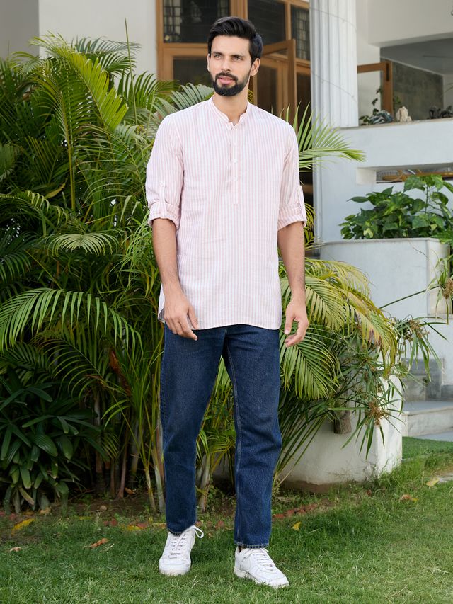 Peach Woven Striped Cotton Short Kurta