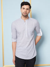 Men Grey & White Printed Cotton Short Kurta