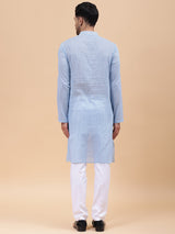 Men Sky Blue & White Printed Pure Cotton Straight Kurta