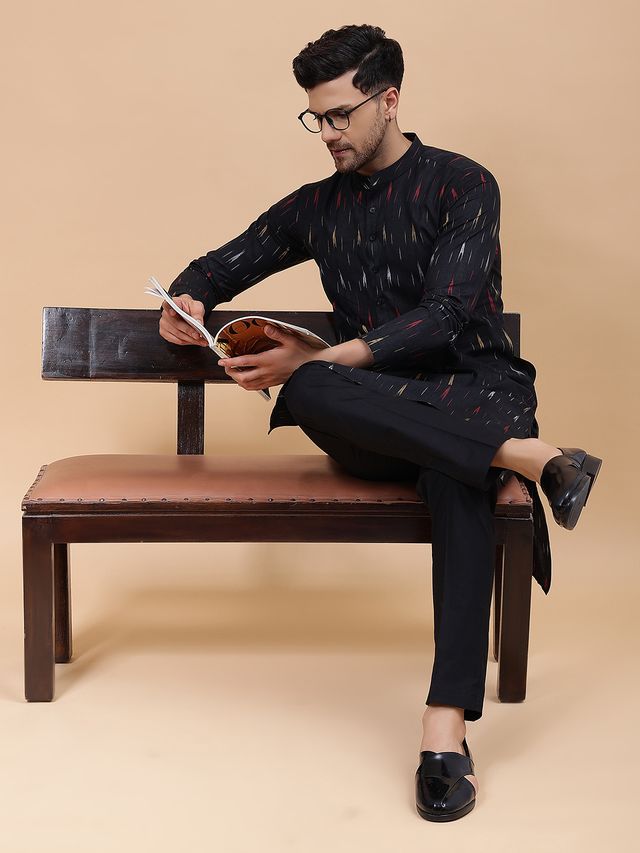 Men Black & Red, Yellow,White Pure Cotton Printed Straight Kurta With pyjama