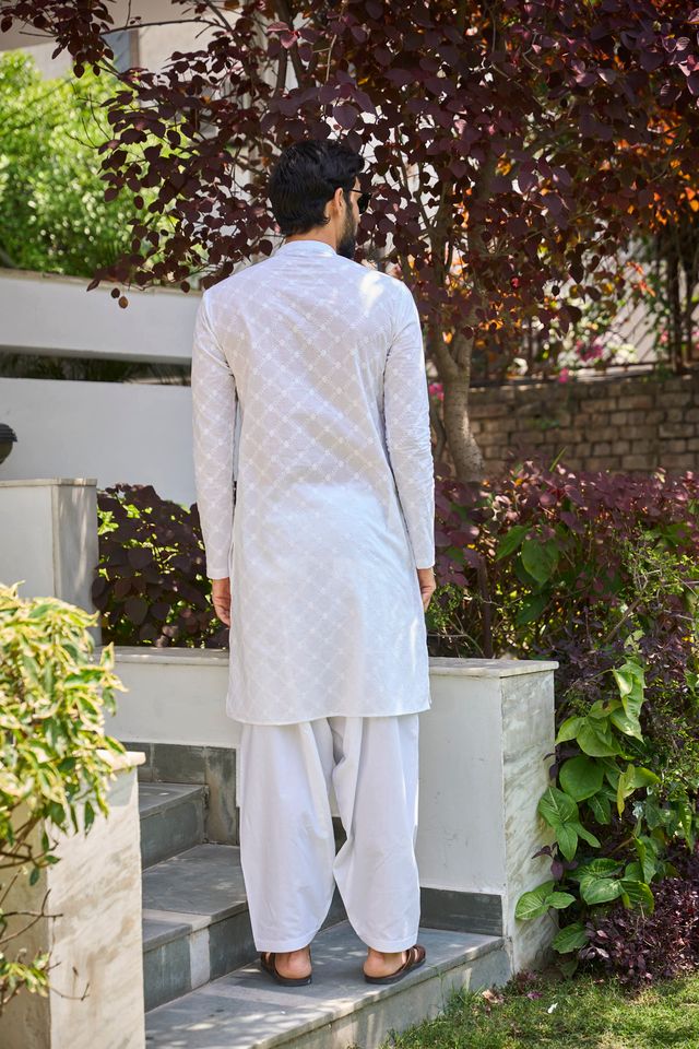 Men White Chikankari Embroidered Straight Kurta With White Salwar