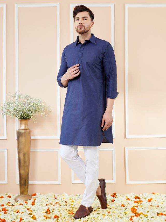 Men Navy Blue Cotton Solid Pathani Kurta