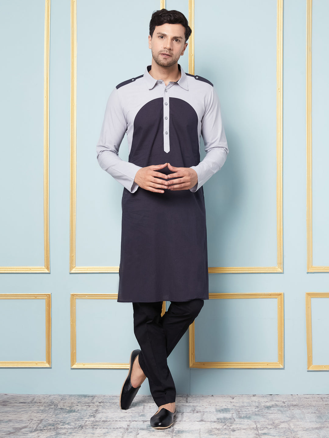 Men Navy Blue And Silver Solid Kurta