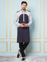 Men Navy Blue And Silver Solid Kurta