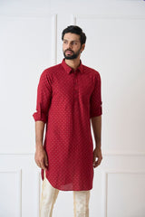 Men Maroon Regular Pure Cotton Pathani Kurta With Gold Pyjama