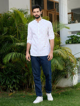 White Woven Cotton Short Kurta