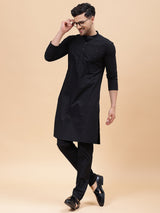 Men Black Pure Cotton Embroidered Straight Kurta