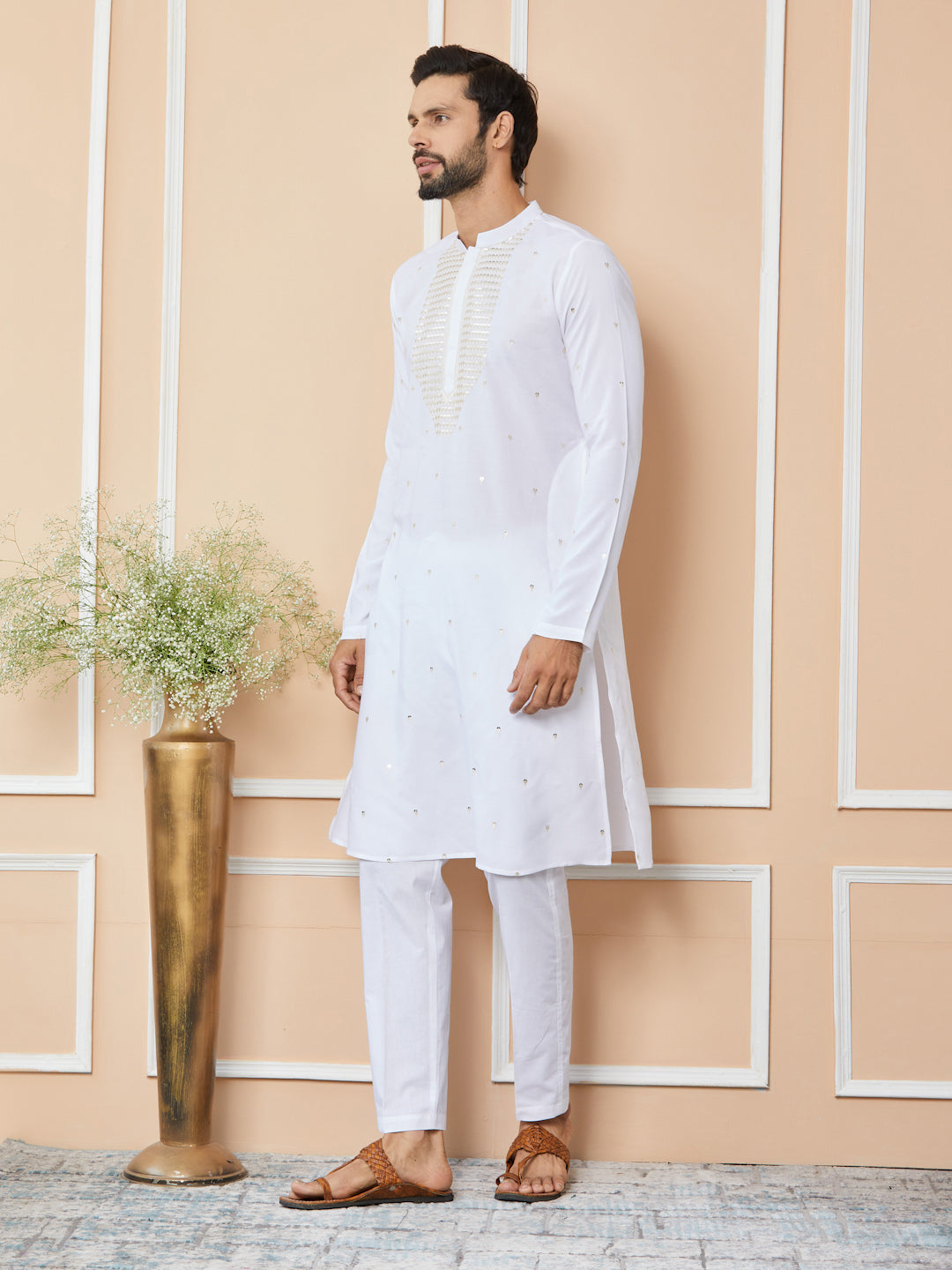 White Sequins Embroidered Rayon Straight Kurta with Yoke Design