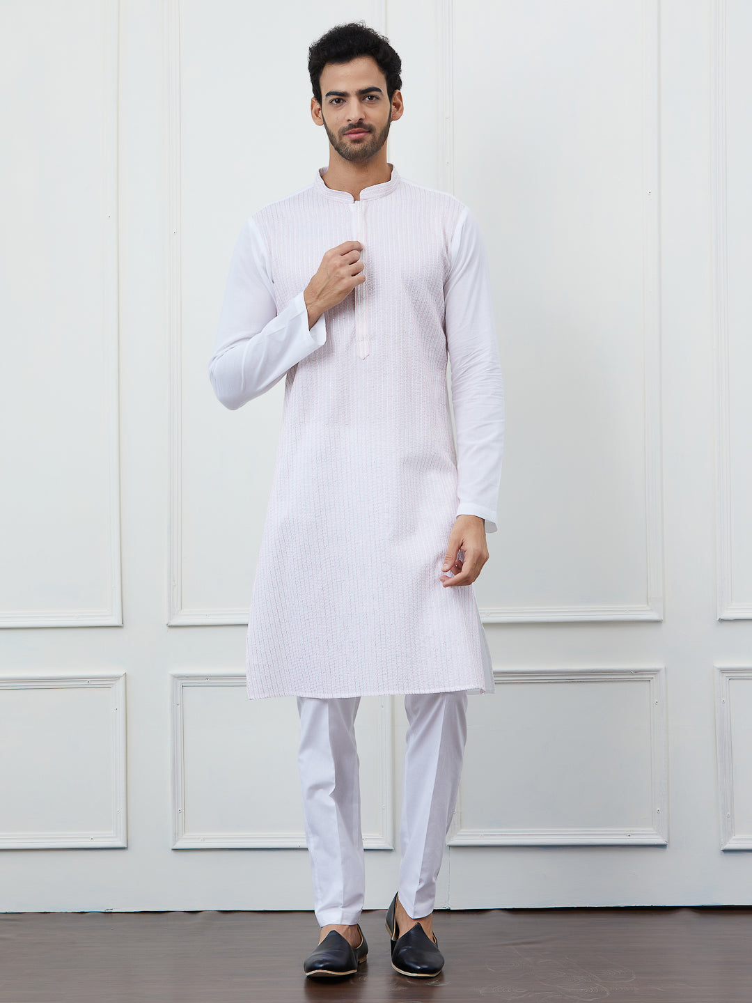 Men White Cotton Pink Thread Work & Sequince Kurta