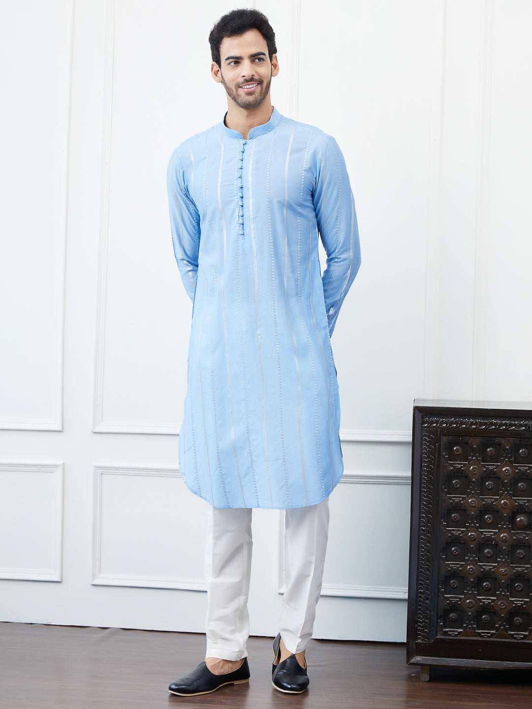 Men Turquoise Blue Sequince Cotton Kurta