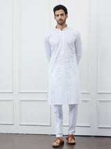 Men White Cotton Silver Thread Work & Sequince Kurta