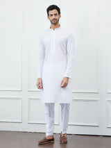 Men White Cotton Gold Thread Work & Sequince Kurta