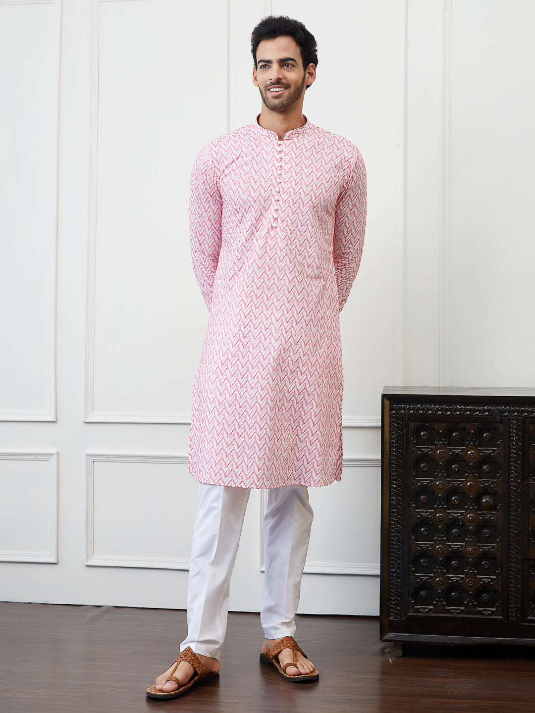 Men Orange And White Chikankari Embroidered Cotton Kurta
