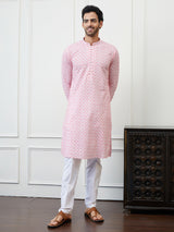 Men Orange And White Chikankari Embroidered Cotton Kurta