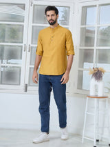 Men Pack Of 2 Mustard & Turquoise Blue Cotton Solid Short Kurta