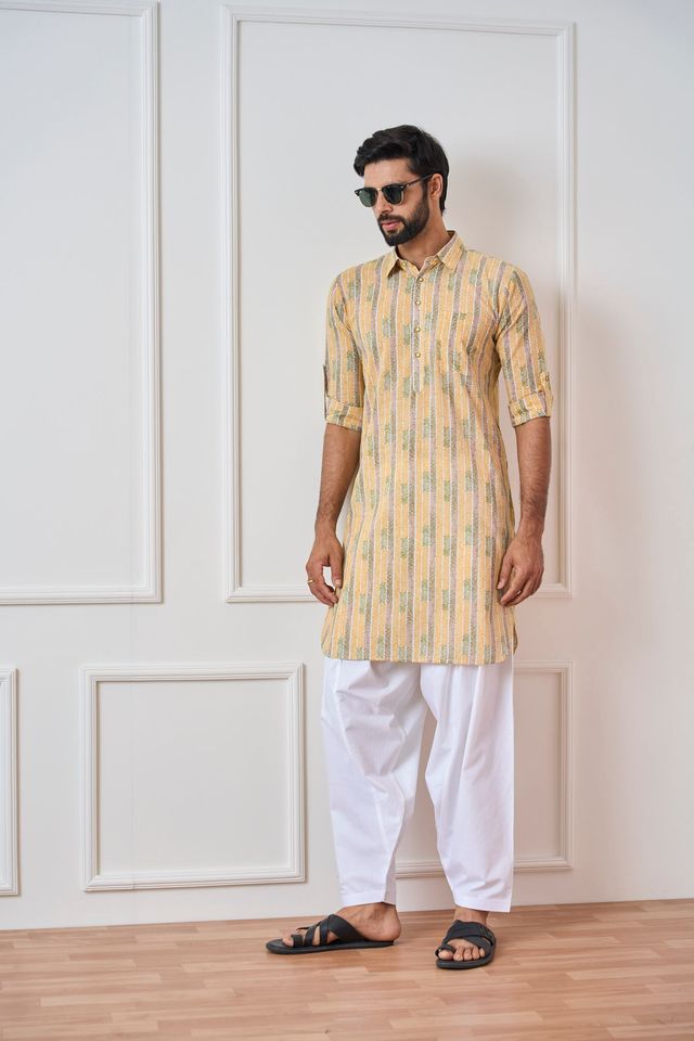 Yellow Regular Pure Cotton Pathani Kurta With White Salwar