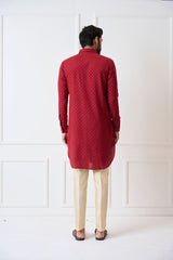 Men Maroon Regular Pure Cotton Pathani Kurta With Gold Pyjama