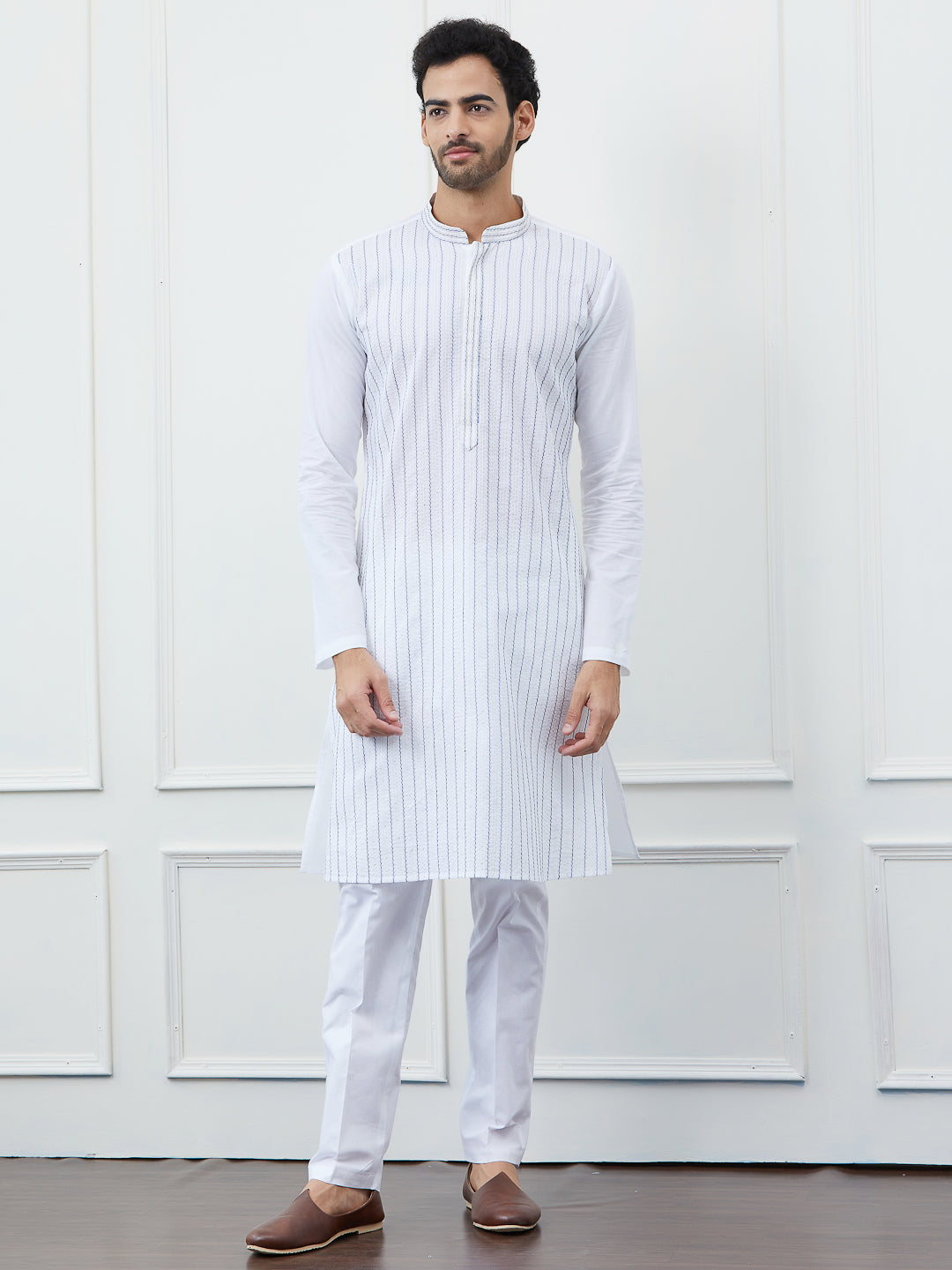 Men White Cotton Blue Thread Work & Sequince Kurta