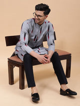 Men Grey & Black Pure Cotton Printed Straight Kurta With pyjama