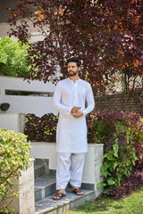 Men White Chikankari Embroidered Straight Kurta With White Salwar