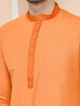 Orange Delux Cotton Straight Kurta with Embroidered Neck