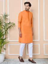 Orange Delux Cotton Straight Kurta with Embroidered Neck
