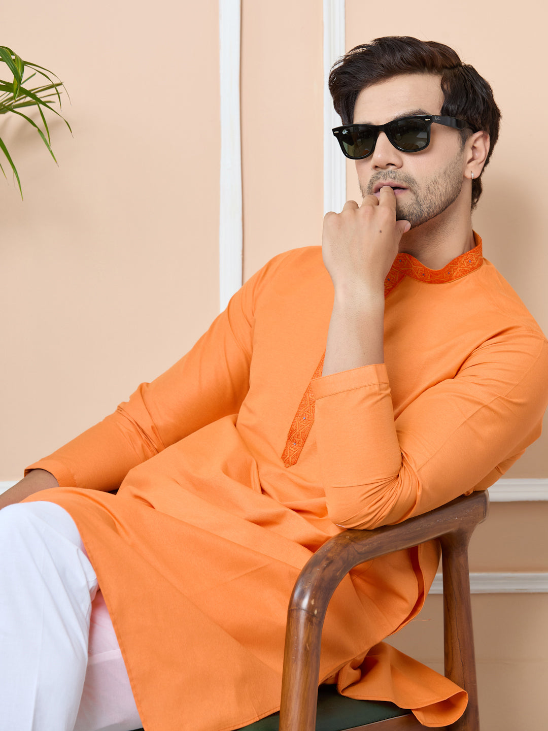 Orange Delux Cotton Straight Kurta with Embroidered Neck