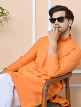 Orange Delux Cotton Straight Kurta with Embroidered Neck