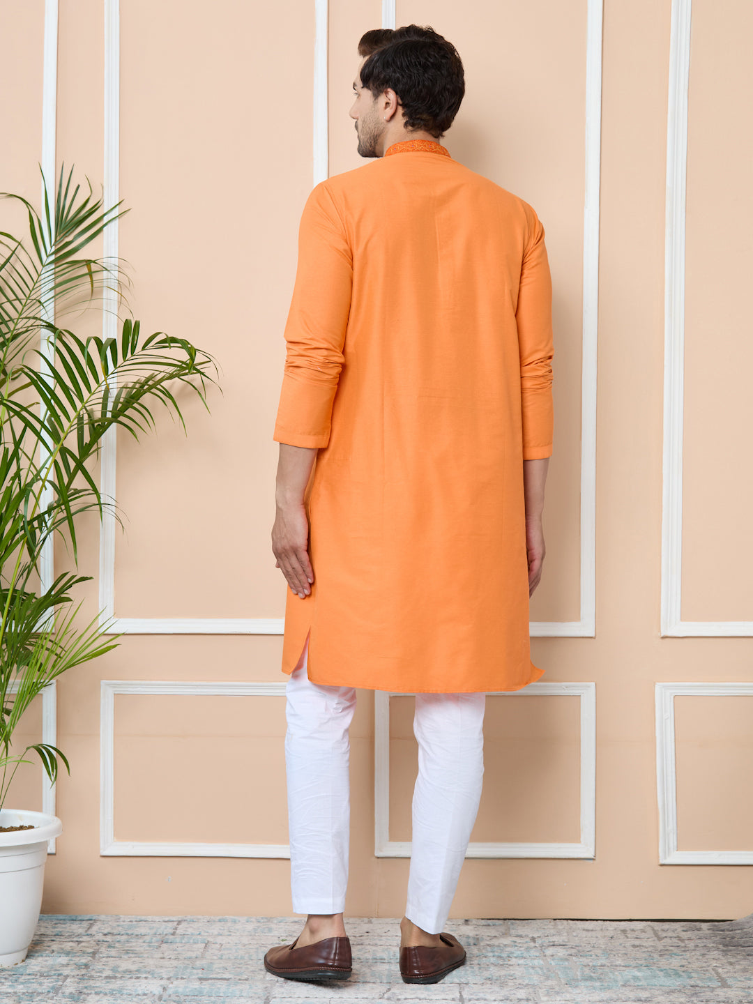 Orange Delux Cotton Straight Kurta with Embroidered Neck