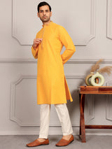 Mustard Delux Cotton Straight Kurta with Embroidered Neck