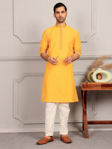 Mustard Delux Cotton Straight Kurta with Embroidered Neck