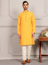 Mustard Delux Cotton Straight Kurta with Embroidered Neck