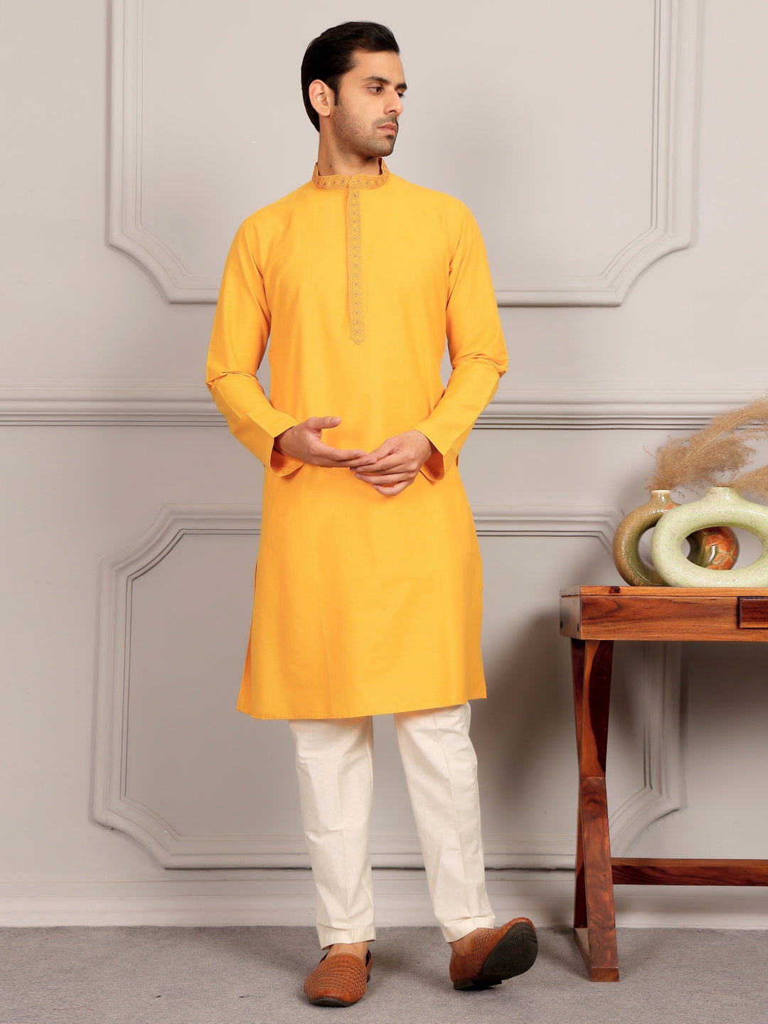 Mustard Delux Cotton Straight Kurta with Embroidered Neck