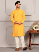 Mustard Delux Cotton Straight Kurta with Embroidered Neck