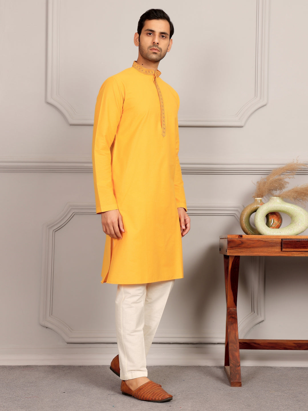 Mustard Delux Cotton Straight Kurta with Embroidered Neck